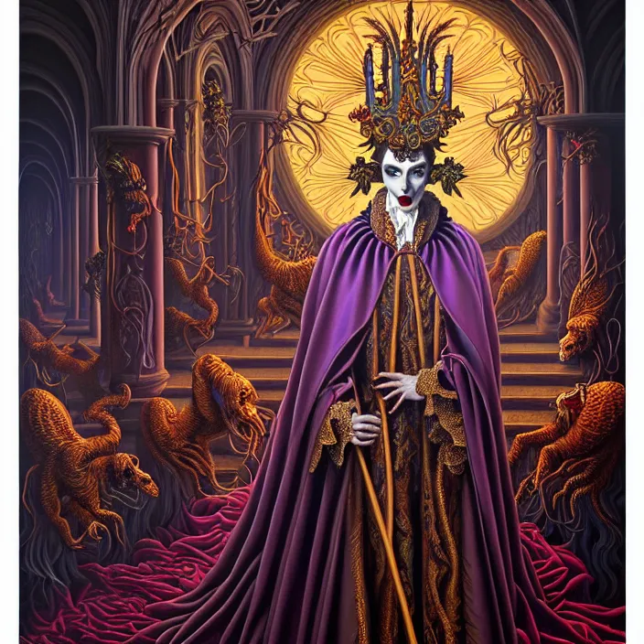 Image similar to beautiful oil painting, full length portrait of vampire dauphinois in baroque coronation robes 1701, Dan Mumford, Dan Mumford, Alex grey, hyacinthe rigaurd, highly detailed , lsd visuals, dmt fractal patterns, visionary art, psychedelic art, ornate, vaporwave, baroque, Greg rutkowski