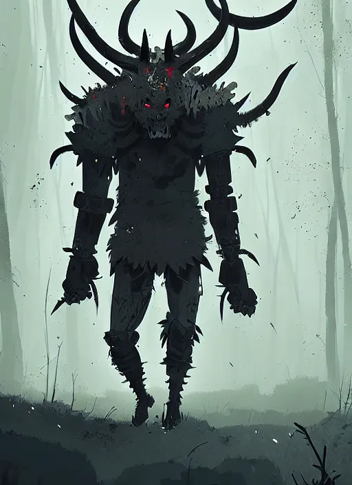 Image similar to giant oni demon in armor, walking, grey forest background, by ismail inceoglu