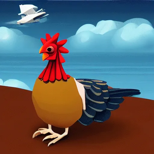 Image similar to humanoid chicken with a headache, on a flight over the sea, realistic scene, very detailed