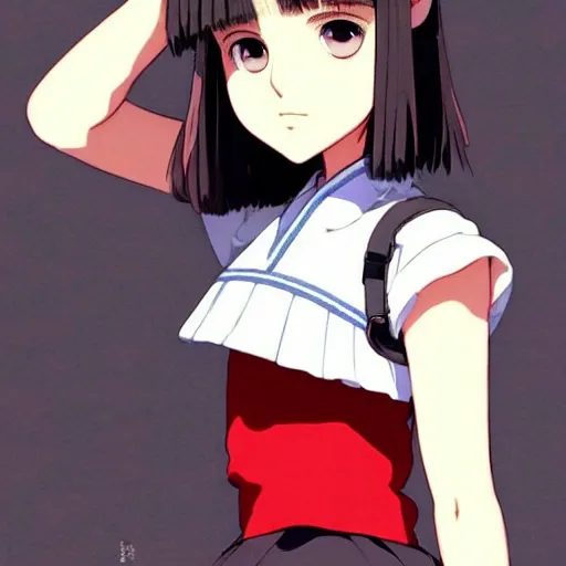 Image similar to a beautiful! boyish! natalie portman alluring gravure! model, wearing japanese school girl outfit with mayan pattern and native style, aztec street fashion, gapmoe yandere grimdark, trending on pixiv fanbox, painted by greg rutkowski makoto shinkai takashi takeuchi studio ghibli, akihiko yoshida