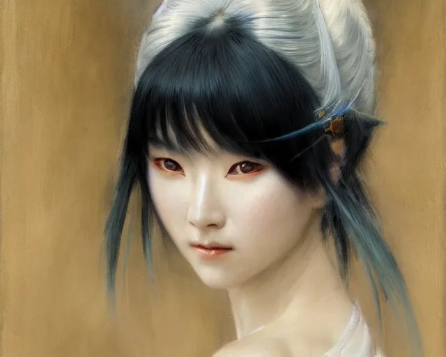 Image similar to a young japanese princess warrior lady with white hair and bangs!!!!, posing, white hair highly detailed painting by gaston bussiere, craig mullins, j. c. leyendecker 8 k