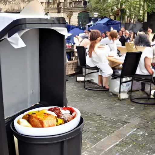 Prompt: fancy french food served in a trashcan