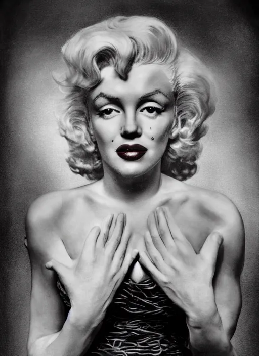 Image similar to a portrait of marilyn monroe by erwin olaf, joel peter witkin, agnieszka osipa, photorealistic, intricate details, hyper realistic, dark fantasy, onyx, photorealistic, canon r 3, photography, symmetrical features, symmetrical pose, wide angle shot, head to toe, standing pose, feet on the ground,