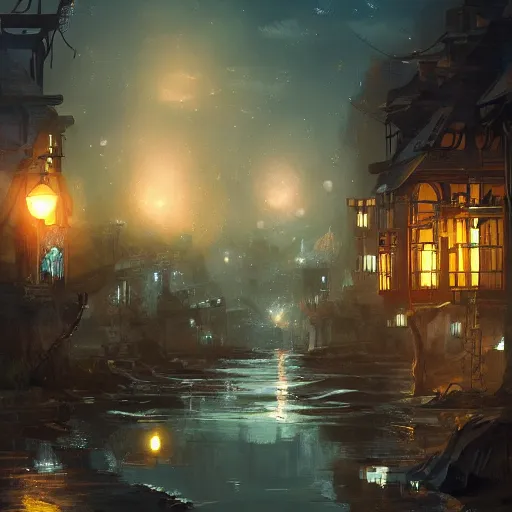 Image similar to this place is truly beautiful and the atmosphere is buzzing the town lights are glowing particularly brightly tonight, trending on artstation,