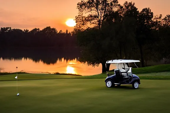 Image similar to a golf cart on a golf coarse at sunset in front of a lake