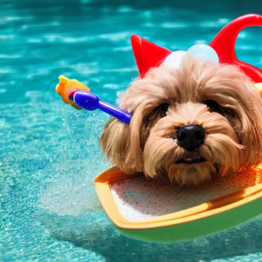 Prompt: a dog in a pool with a toy boat on his head, realistic, highly detailed, photo, 4k