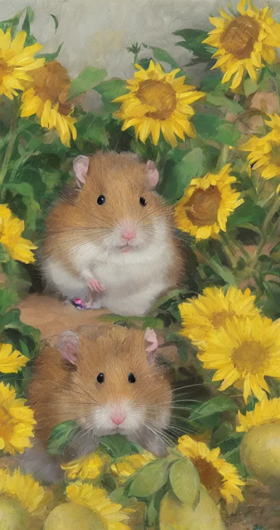 Prompt: a highly detailed beautiful portrait of a cute little hamster surrounded by beautiful lemons and sunflowers, by gregory manchess, james gurney, james jean