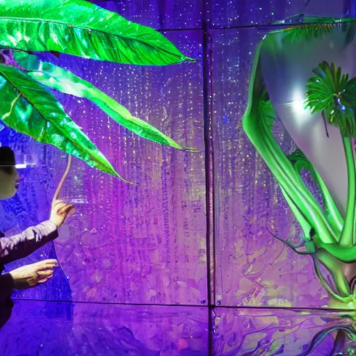 Prompt: hyperrealistic photo, hyperdetailed, scientist in a purple iridescent aluminum foil suit being eaten by a massive exotic colorful tropical alien carnivorous plant, extremely detailed. stark. refraction. shallow depth of field. volumetric light and shadow. ray tracing. light rays