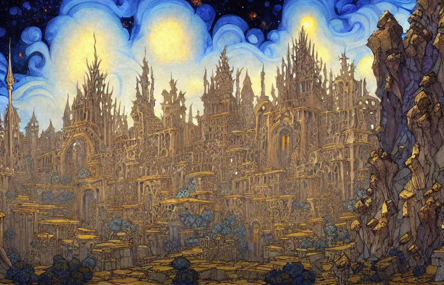 Prompt: an epic painting by rebecca guay of a massive city constructed of ancient stone of impossible architecture floating in the astral plane
