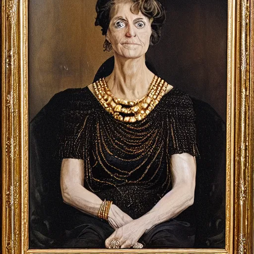 Prompt: a portrait of a woman who has lived in luxury, is draped in jewels and gold, has a large expansive modern interior behind them as a background, portrait in the style of Diane Arbus