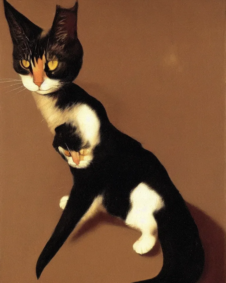 Prompt: oil painting of a calico cat by vermeer. black background, three - point lighting, enchanting.