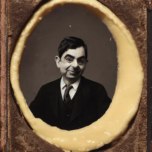 Image similar to ambrotype of mr bean eating a large wheel of cheese,