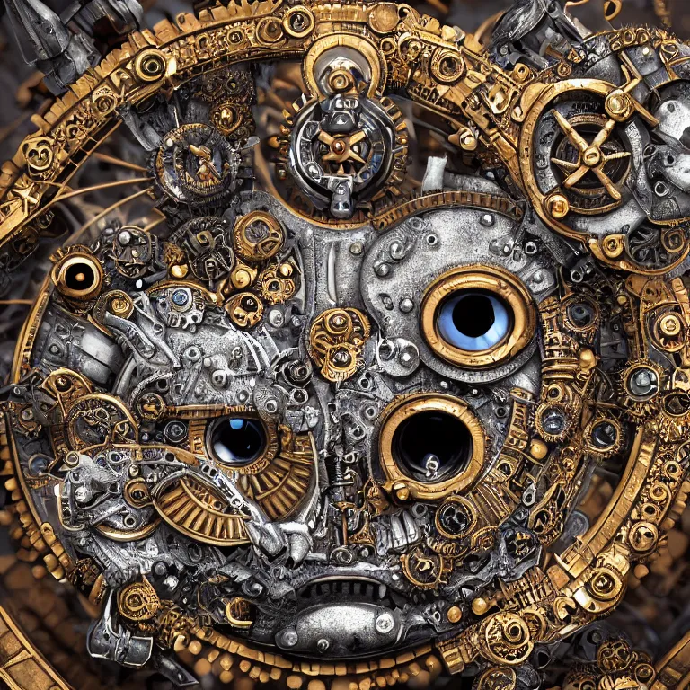 Prompt: A close up symmetric steampunk fox head with sparkling eyes made from ornate engraved full plate armor and Rolex gears and jewels and gems, macro shot by Justin Gerard, unreal engine, detailed, intricate, physically based rendering