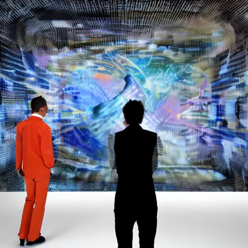 Image similar to art curator looking at a screen with a chat interface, recursive, on stage in the middle of a fashion show in the style of grand chamaco and stanley kubrick, inspired by y - 3, photorealistic, epic, super technical, cinematic still