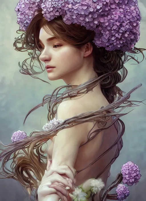 Image similar to a photographic portrait of a anthropomorphic hydrangea blossom, fantasy, wind blowing hair, intricate, elegant, highly detailed, digital painting, artstation, concept art, smooth, sharp focus, illustration, art by artgerm and h r giger and alphonse mucha