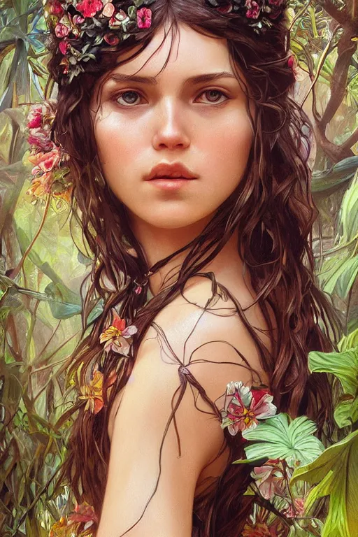 Prompt: ultra realistic illustration, bohemian girl in jungle, staring directly into camera, intricate, elegant, highly detailed, digital painting, artstation, concept art, smooth, sharp focus, illustration, art by artgerm and greg rutkowski and alphonse mucha