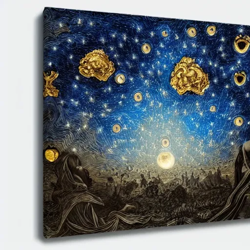 Image similar to sky in a starry night with glowing meteor showers, ascension of a woman decomposing and dissolving into moon, dark - blue black gold beige saturated, ornate baroque rococo art nouveau intricate detail, 3 d specular lighting, cinematic