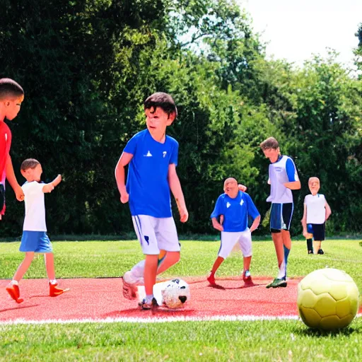 Image similar to boys playing soccer, hot day, parents watching