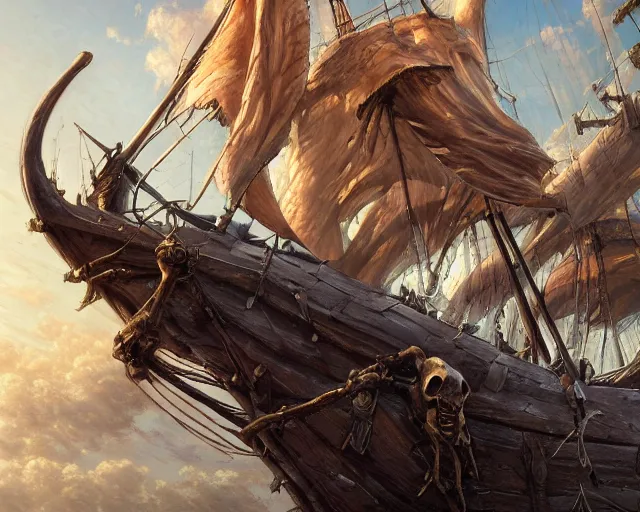 Prompt: death is swallowed up in victory, very detailed and beautiful face, artwork by artgerm, skeletons on a viking sail ship, sail made of human skin, wide angle, full body, fantasy, highly detailed, digital painting, artstation, smooth, sharp focus, art by thomas kinkade and stephan martiniere and kevin swartz