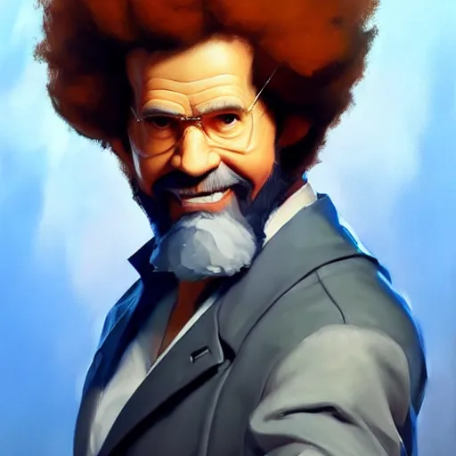 Prompt: Greg Manchess portrait painting of Bob Ross as Overwatch character, epic, medium shot, asymmetrical, profile picture, Organic Painting, sunny day, Matte Painting, bold shapes, hard edges, street art, trending on artstation, by Huang Guangjian and Gil Elvgren and Sachin Teng