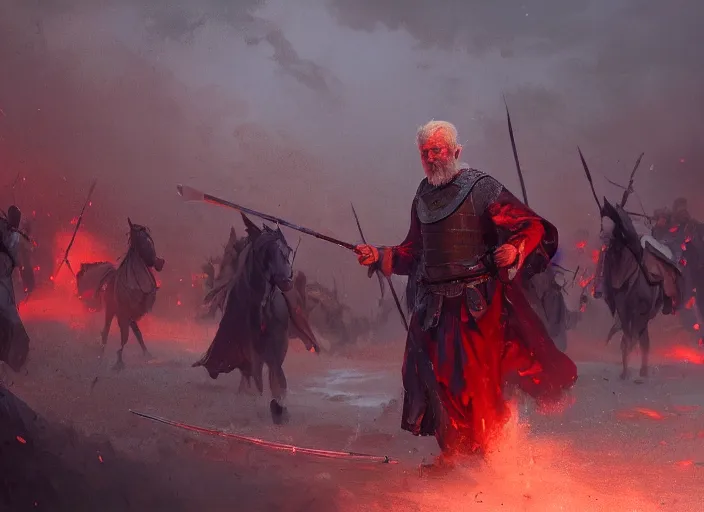 Prompt: cinematic shot of a mysterious old man with a staff and purple robes standing before a cavalry charge of warriors wearing red armor by Greg Rutkowski, 4k, masterpiece