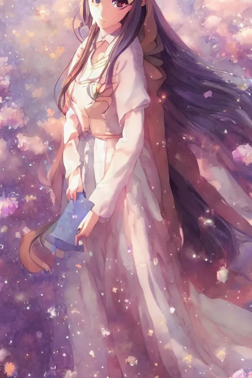 Image similar to beautiful female mage royalty, digital art, 8k, character, realistic, portrait, photorealism, japan watercolour, masterpiece art, manga and anime, official Kyoto Animation and Studio Ghibli anime screenshot, by Range Murata and Makoto Shinkai