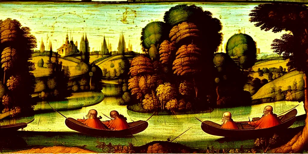 Image similar to A very detailed painting in the style of Leonardo Da Vinci featuring a river in Europe surrounded by trees and fields. A rubber dinghy is slowly moving through the water. Sun is shining