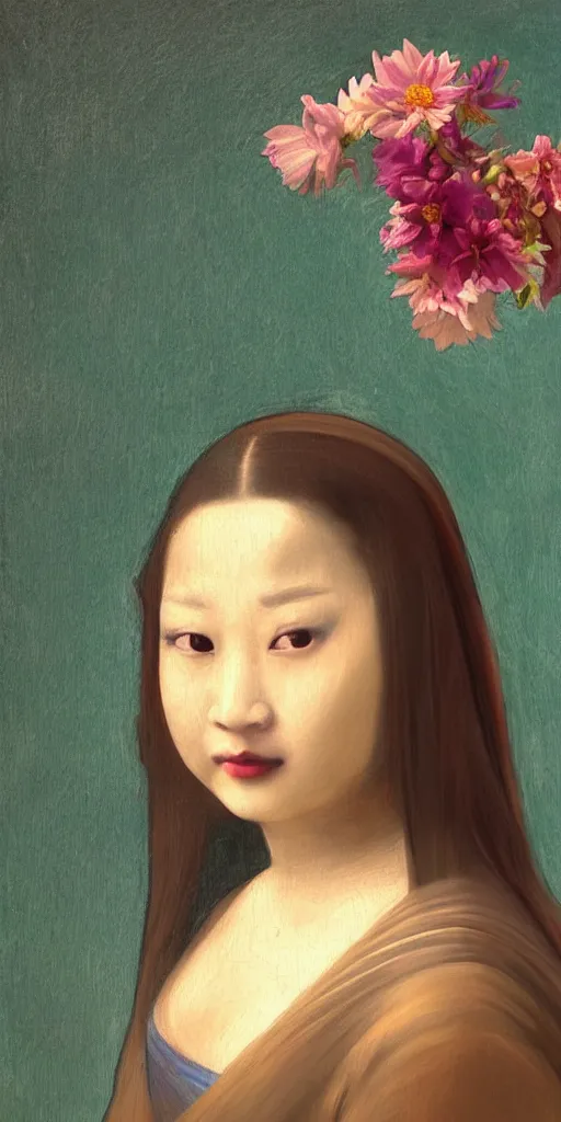 Prompt: Beautiful asian girl looking to the camera with serious face, artstation, flowers in hair, no makeup, slight mona lisa smirk in the style of vermeer, realistic oil painting