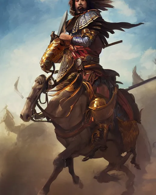 Image similar to portrait of a spanish conquistador in battle, by daniel zrom and mingchen shen, studio ghibli color scheme, detailed, handsome, anatomy, sharp focus, photography, magic : the gathering, octane, cinematic lighting, facial features, clear face, realistic face, golden ratio