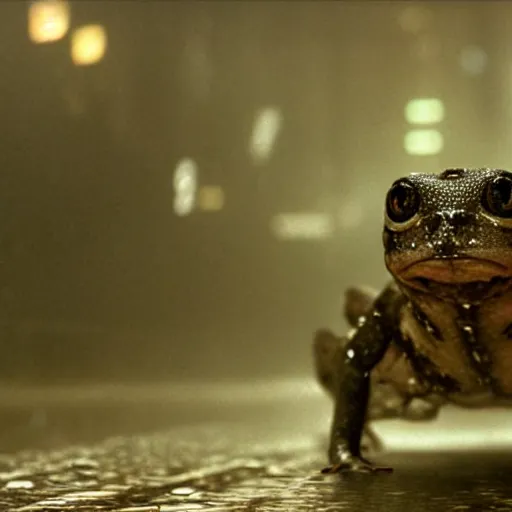 Image similar to Close up of Lepidobatrachus laevis facing the camera in a still from the movie Blade Runner (1982), high quality, rain, rain drops, cold lighting, 4k, night, award winning wildlife photo, National Geographic