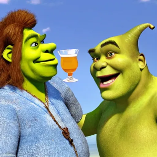 Prompt: shrek drinking alcohol on a beach