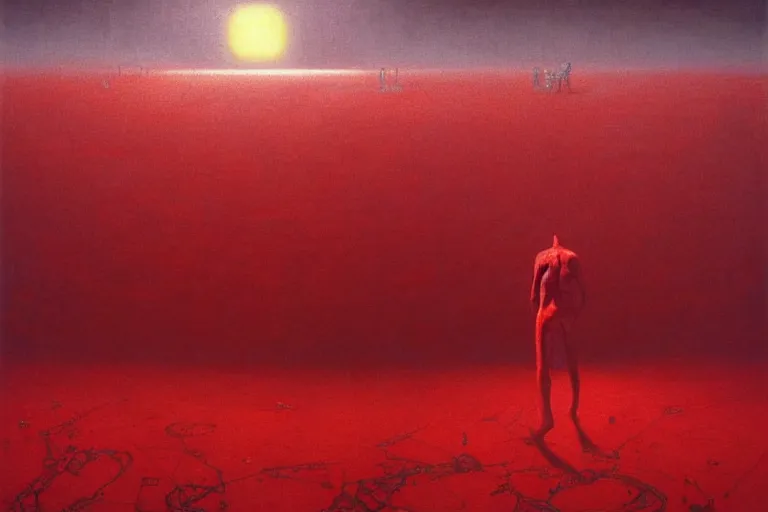 Image similar to only with red, red god of death eat apple, a futuristic city on mars in the background, red worms on the floor, in the style of beksinski, part by hopper, part by rodcenko, part by hofbauer, intricate composition, red by caravaggio, insanely quality, highly detailed, masterpiece, red light, artstation, 8 k