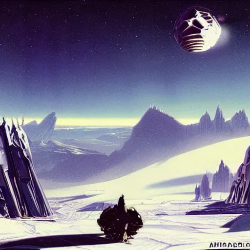 Image similar to Frozen frontiers on an alien planet, mountains above clouds in the background, Syd Mead, John Harris, Federico Pelat,