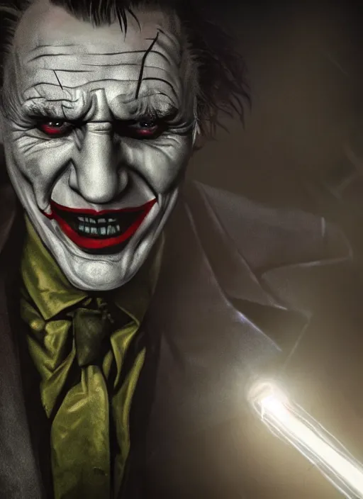 Image similar to Liam Neeson as the Joker, defeating Batman, realistic, digital art, 4k, cinematic lighting, explosion in the background