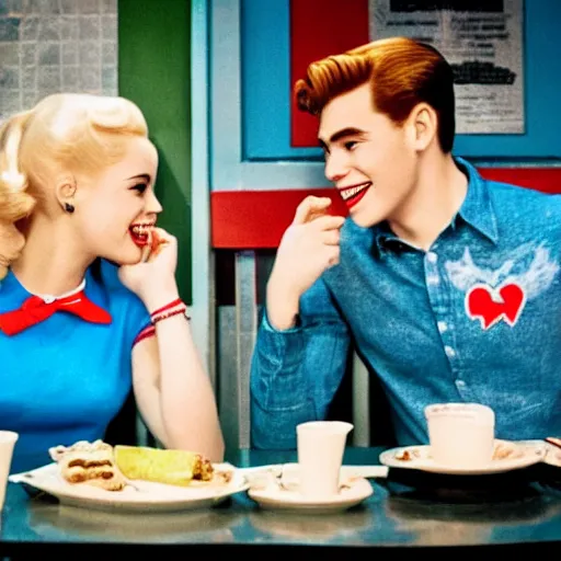 Prompt: Archie Andrews and Betty Cooper at a 1950s diner