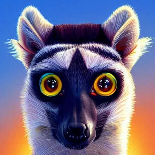 Image similar to Geometric symmetrical lemur, sun in the background, intricate, elegant, highly detailed, digital painting, artstation, concept art, smooth, sharp focus, illustration, art by artgerm