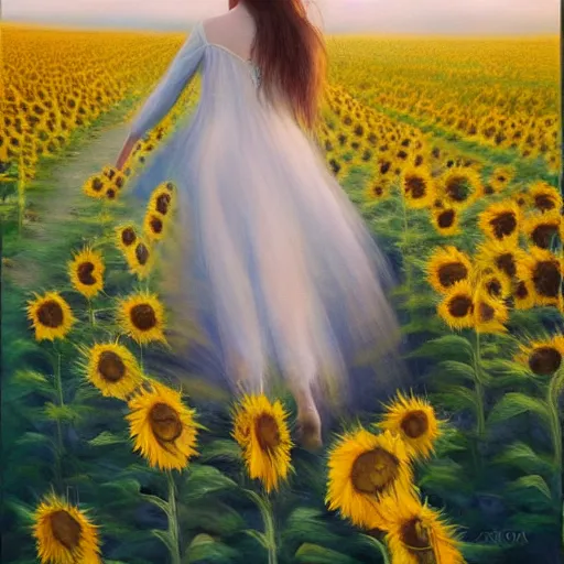 Image similar to a dreamy vision of girl slowly walking through amazing tall sunflower field, her hair flowing down, fog, subtle, intricate details, real masterpiece, oil on canvas, by somsak anong