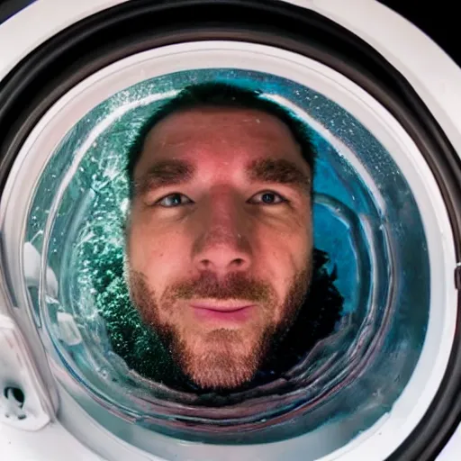 Image similar to tiny bearded mullet man snorkeling inside washing machine, gopro still, detailed, 4k