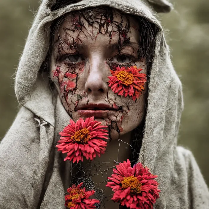 Image similar to a closeup portrait of a woman wearing a hooded cloak made of zinnias and barbed wire, in a derelict house, by Michela Riva, natural light, detailed face, CANON Eos C300, ƒ1.8, 35mm, 8K, medium-format print