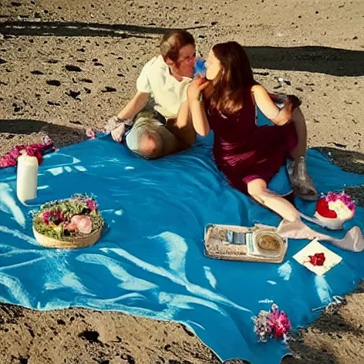 Image similar to beautiful romantic picnic on the moon looking at earth