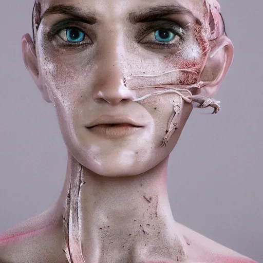 Image similar to photographic stil of beautiful model, a human robot woman, beautiful artificial body with artificial bones and artificial flesh, cables, tubes, westworld style, medium - shot, insanely detailed, photorealistic, beautiful soft light, octane render, by annie leibowtiz