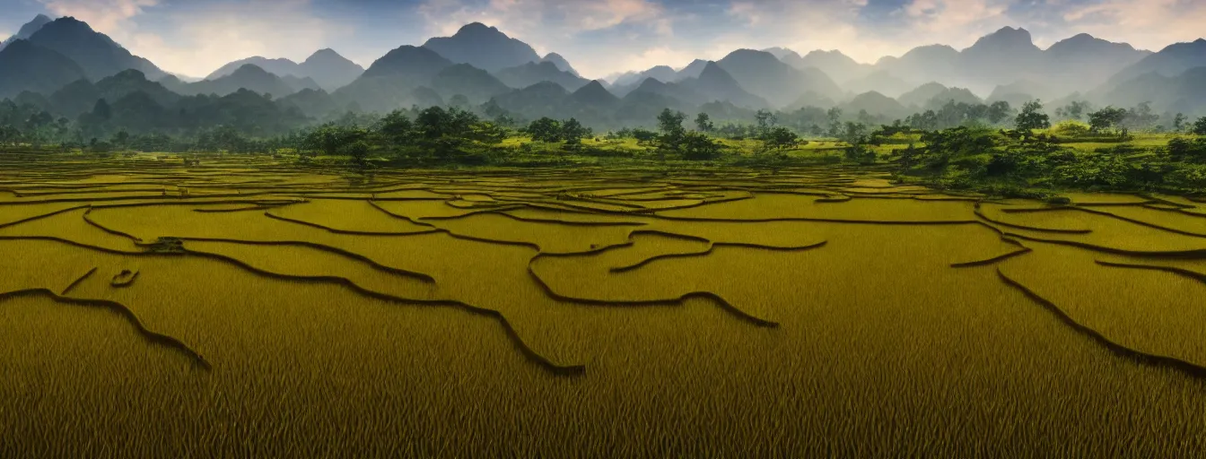 Image similar to Photo of paddy field of Yan, with several village and gunung jerai mountain at the background, wide angle, volumetric light, hyperdetailed, light water, artstation, cgsociety, 8k