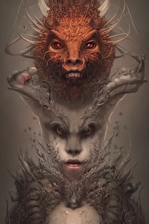 Prompt: a portrait of a devil bio fauna creature by illustrated by miyazaki by karol bak, james jean, tom bagshaw, rococo, sharp focus,, animal, creature design trending on artstation, cinematic lighting, hyper realism, octane render, 8 k, hyper detailed, vivid, ultra detailed, highly detailed