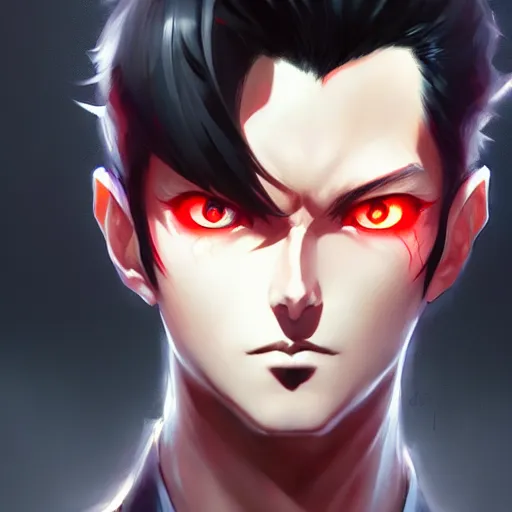 Image similar to anime portrait of a slick black hair guy with red eyes by stanley artgerm lau, wlop, rossdraws, james jean, andrei riabovitchev, marc simonetti, and sakimichan, trending on artstation