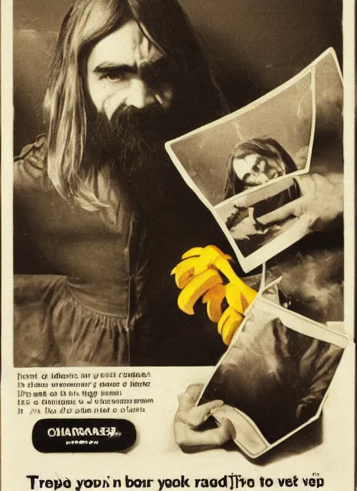 Image similar to vintage advertisement for a polaroid camera, charles manson slipping on a banana peel