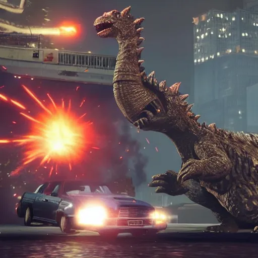 Prompt: Trevor Philips fighting Godzilla in GTA 5