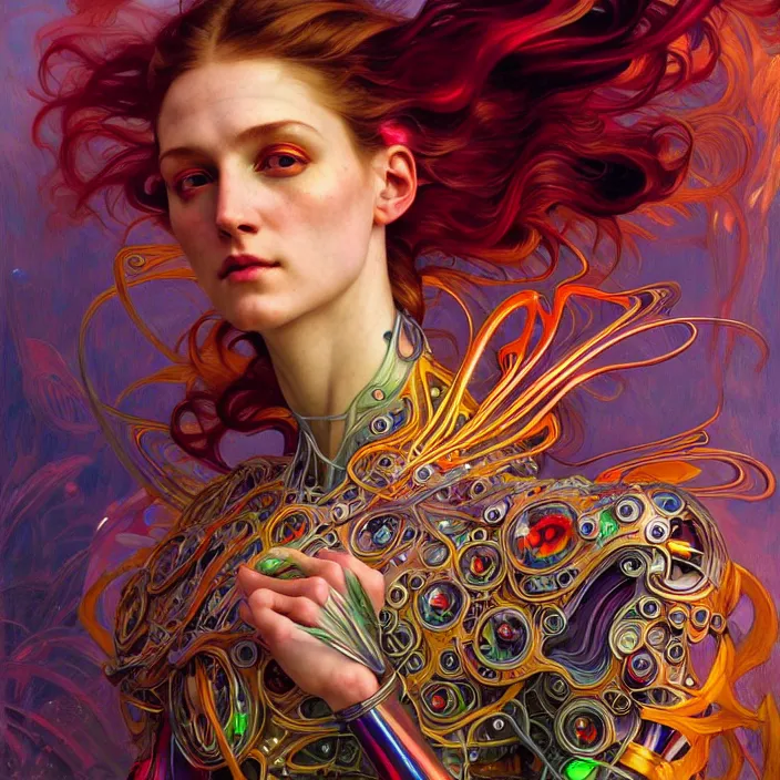 Prompt: bright psychedelic portrait of organic cyborg, wings, diffuse lighting, fantasy, intricate, elegant, highly detailed, lifelike, photorealistic, digital painting, artstation, illustration, concept art, smooth, sharp focus, art by John Collier and Albert Aublet and Krenz Cushart and Artem Demura and Alphonse Mucha