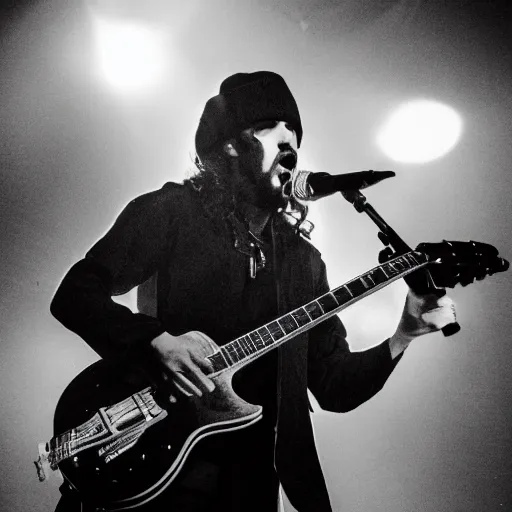 Prompt: black and white photographic portrait of daron malakian singing