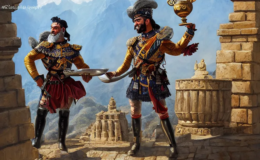 Image similar to smiling spanish conquer soldier holding golden cup on a inca temple, highly detailed, digital painting, artstation, concept art, sharp focus, dreamy illustration, art by katsuhiro otomo, magali villeneuve, artgerm, rutkowski jeremy lipkin and giuseppe dangelico pino and michael garmash and rob rey