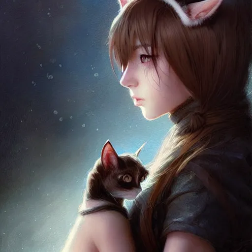 Image similar to girl with small cat ears, fine art, awesome fantasy book cover on pinterest, award winning, dark fantasy landscape, fantasy magic, intricate, elegant, sharp focus, cinematic lighting, highly detailed, digital painting, concept art, art by wlop and artgerm and greg rutkowski, masterpiece, trending on artstation, 8 k